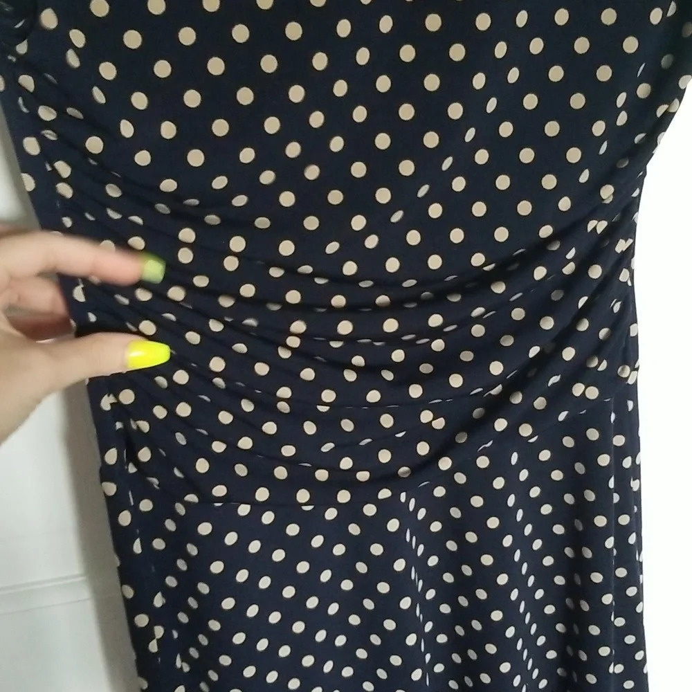 Enfocus Studio 4P Navy Blue and Khaki polka dot fit-to-flare dress. - Picture 5 of 8